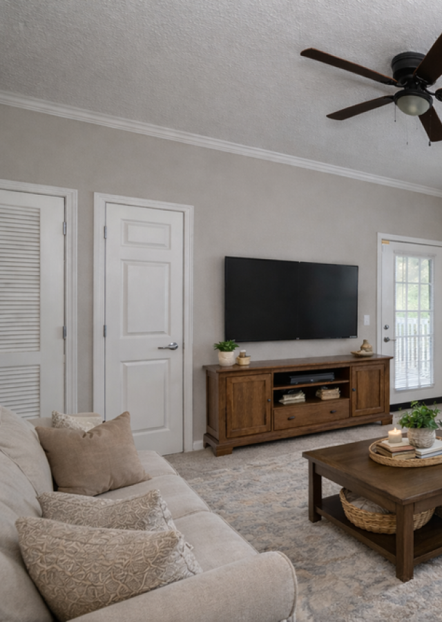 Neutral-toned living room with a sofa, TV, armchair, coffee table, large window, and potted plant.