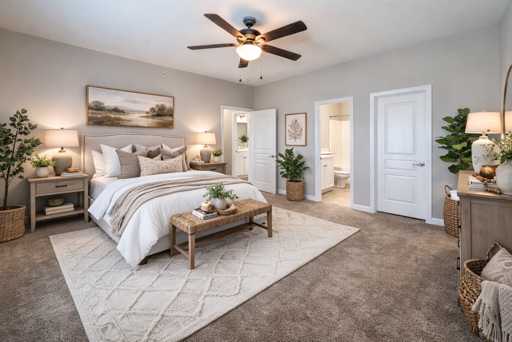 Neutral-toned bedroom with a bed, ceiling fan, plants, nightstands, and doorways to bathroom and closet.