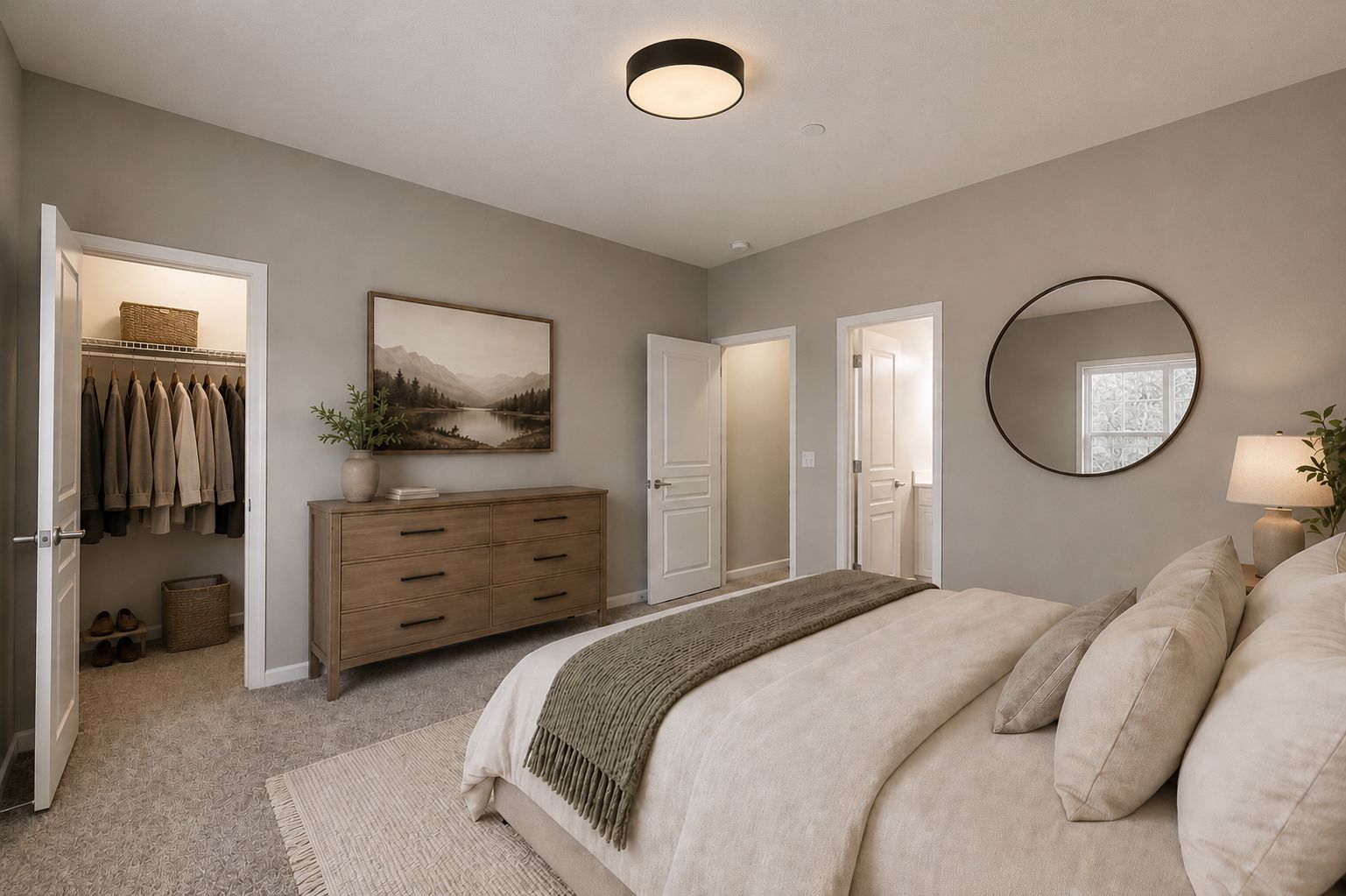 Modern bedroom with neutral decor, a large bed, dresser, round mirror, and open walk-in closet.