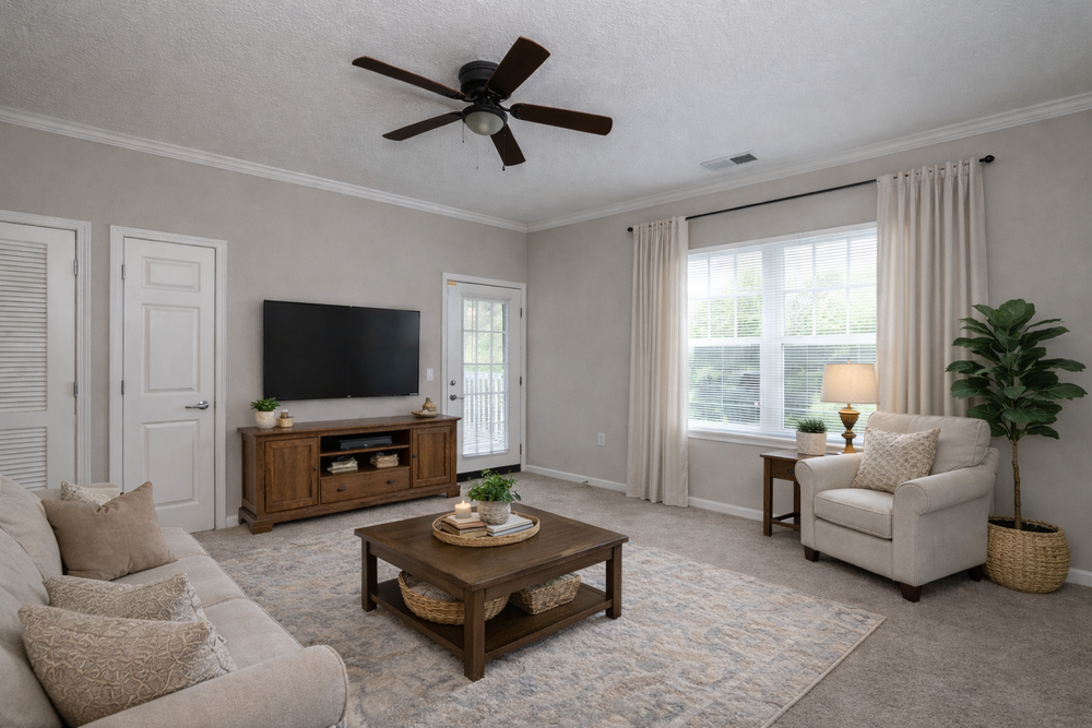 Neutral-toned living room with a sofa, TV, armchair, coffee table, large window, and potted plant.