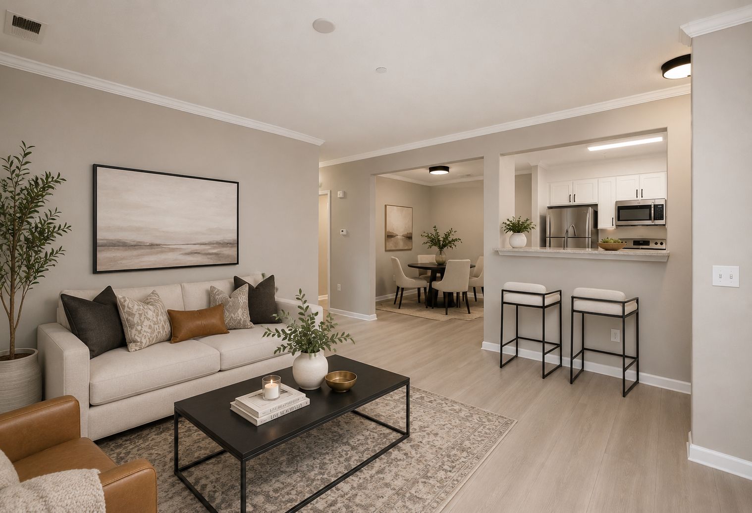 Modern living room with neutral decor, a beige sofa, coffee table, and view into a kitchen and dining area.